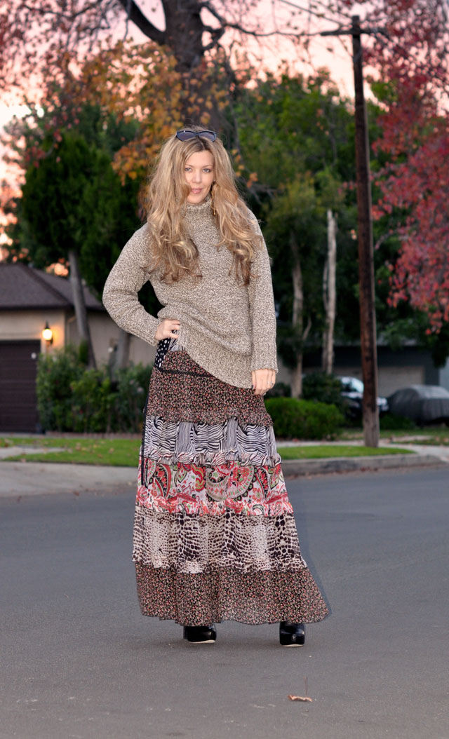 floral maxi dress with sweater for fall