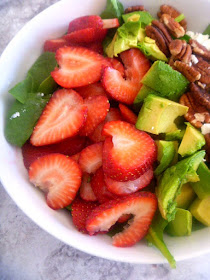 Strawberry Avocado Spinach Salad: Tender spinach forms the base of the salad and is topped with buttery avocado, sweet juicy strawberries, crunchy pecans, and tangy goat cheese, all drizzled with a Poppyseed dressing to top it off. - Slice of Southern