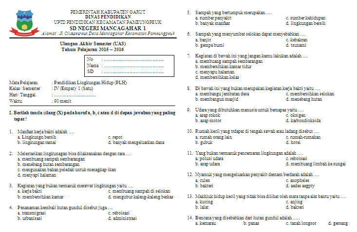 Unduh Soal Uas Plh Kelas 4 Semester 1 Soal Soal Siswa