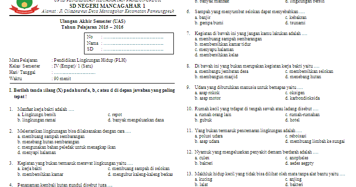 Unduh Soal Uas Plh Kelas 4 Semester 1 Soal Soal Siswa
