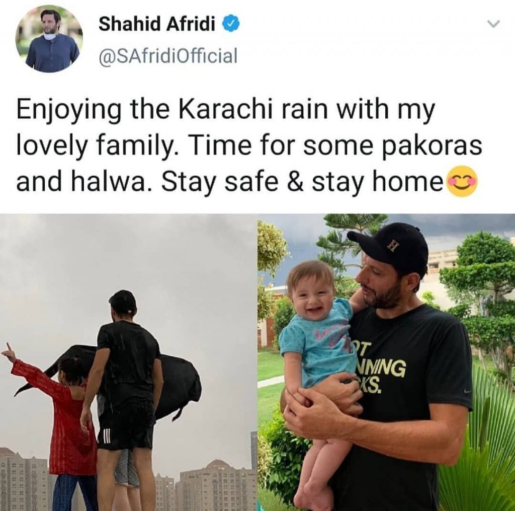 Shahid Afridi Enjoying with His Daughters in Karachi Rain