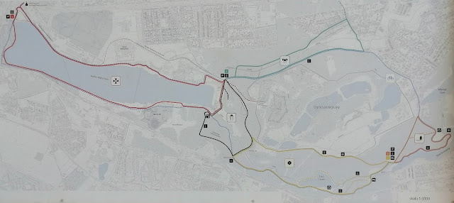 Na zdjęciu widać mapę z oznaczeniem kilku tras spacerowych w okolicy Jeziora Maltańskiego