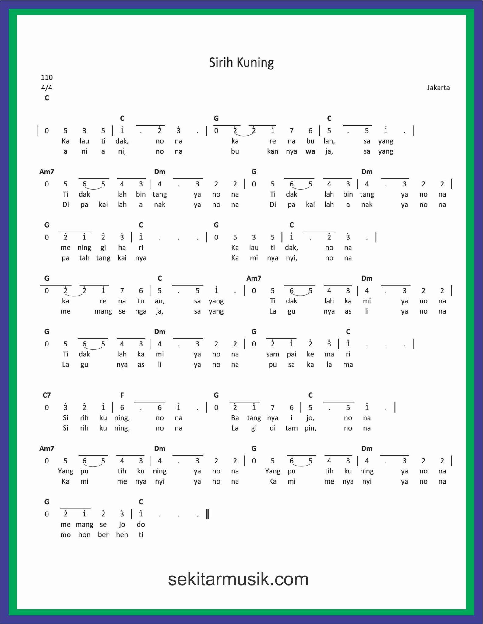 Not Balok Lagu Sirih Kuning Mudah