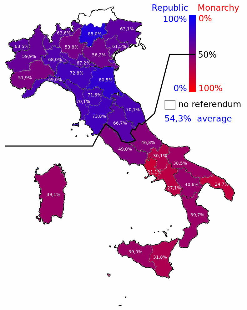 Results of the referendum that 70 years ago today made Italy a republic