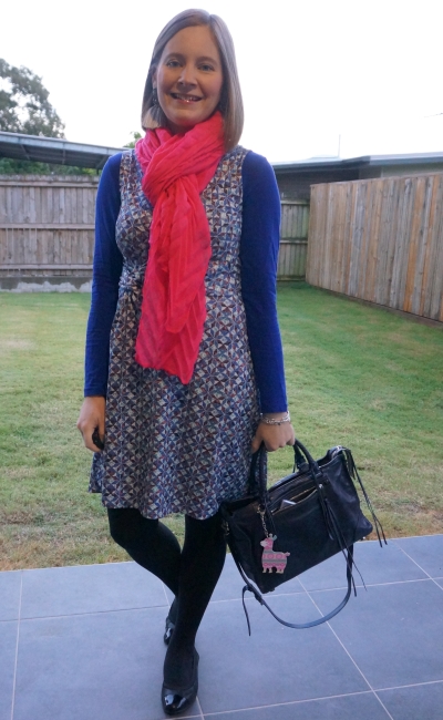 colourful winter wrap dress outfit with cobalt long sleeve tee neon pink scarf regan bag | awayfromblue