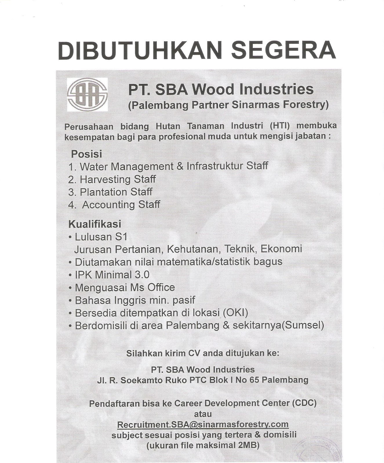 Lowongan Kerja Pt Sba Wood Industries Palembang 2017 Lowongan