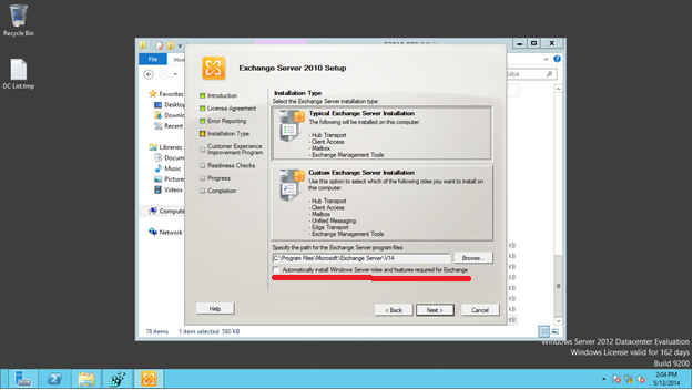 Installation of Exchange Server 2010 on Windows Server 2012.