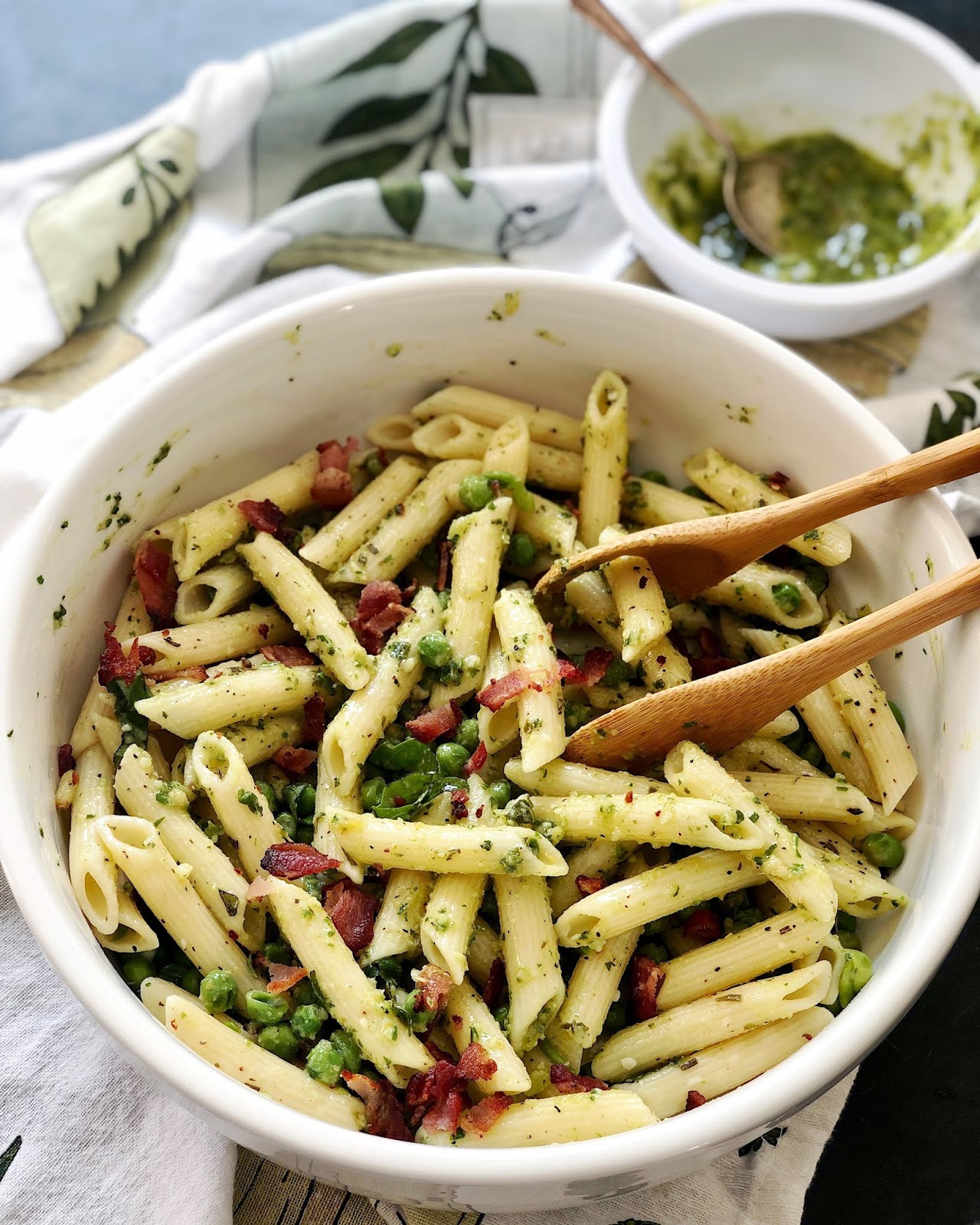 ShowFood Chef BACON BASIL PESTO on PENNE with PEAS and HERBS