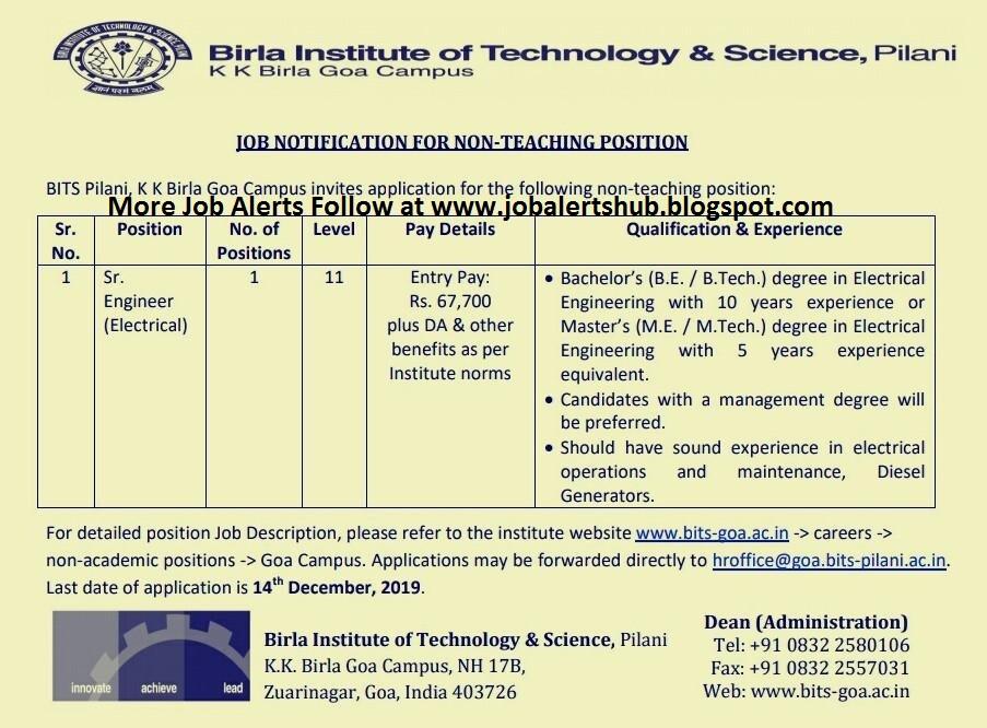 BITS, Pilani Goa Campus Invites Application for the Post of Sr. Engineer Electrical JOB