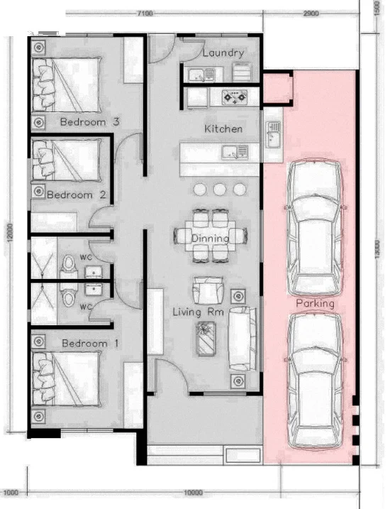 7 desain inspiratif rumah ukuran 10x12 1 lantai 3 kamar tidur
