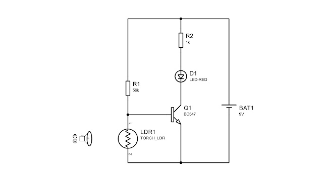 Schematic Drawing of Basic LDR Darkness Sensor Circuit: