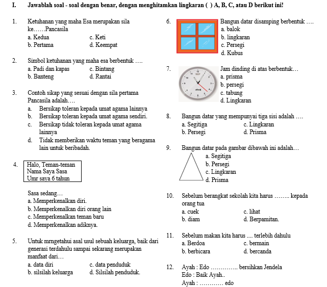 Soal Ujian Semester Kelas 1 Tema 4 SD/MI