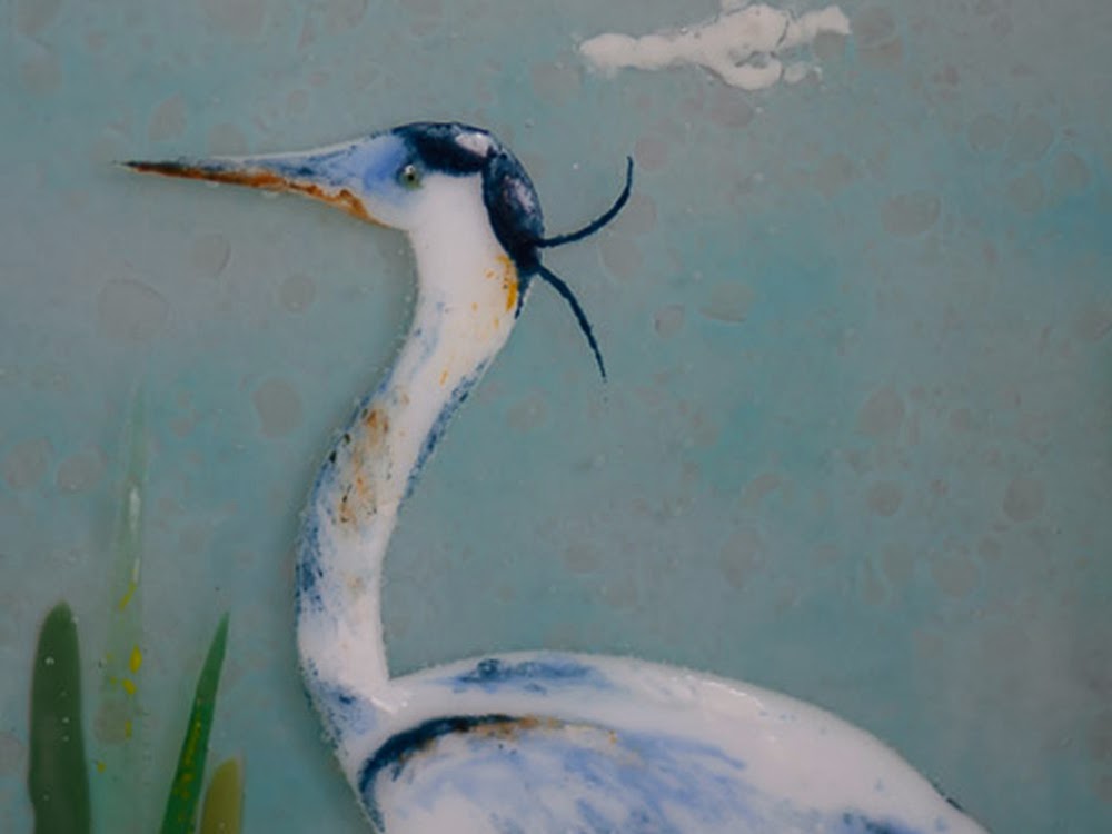 Fused Glass Bullseye Powder Painting Great Blue Heron Egret Marsh Tidal Swamp Recycled Upcycled Frame