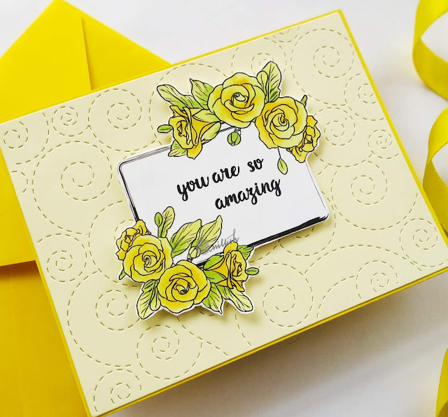 Stamplorations, Digital stamp, die cutting, floral card, simon says stamps, CAS card, Quillish, STAMPlorations Coffee and Roses Digital Stamps - Set of 10 + Bonus Printable Tags, SSS stitched whirl background die, Clean and simple card, Monochromatic card, Monochromatic yellow card
