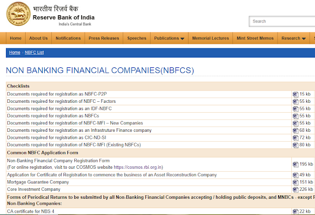 essential documents for NBFC registration at RBI website