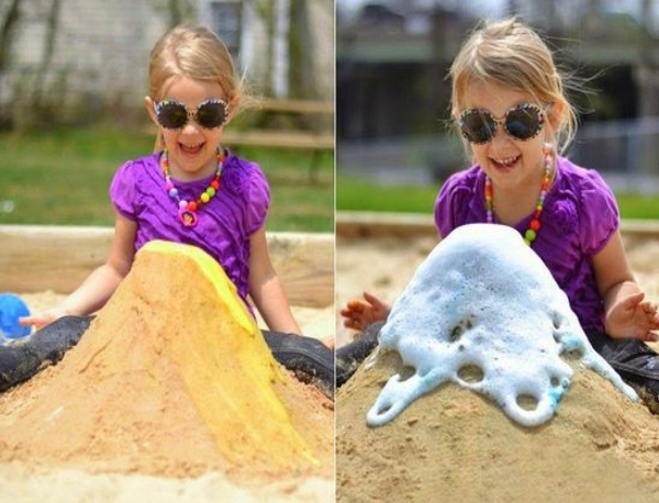 Wow the kids this summer and make a sand volcano!  A Fun science experiment for kids. #scienceexperimentskids #sandboxideas #sandvolcano #sandvolcanoprojectforkids #volcano #volcanoexperiment #howtomakeasandvolcano #growingajeweledrose 