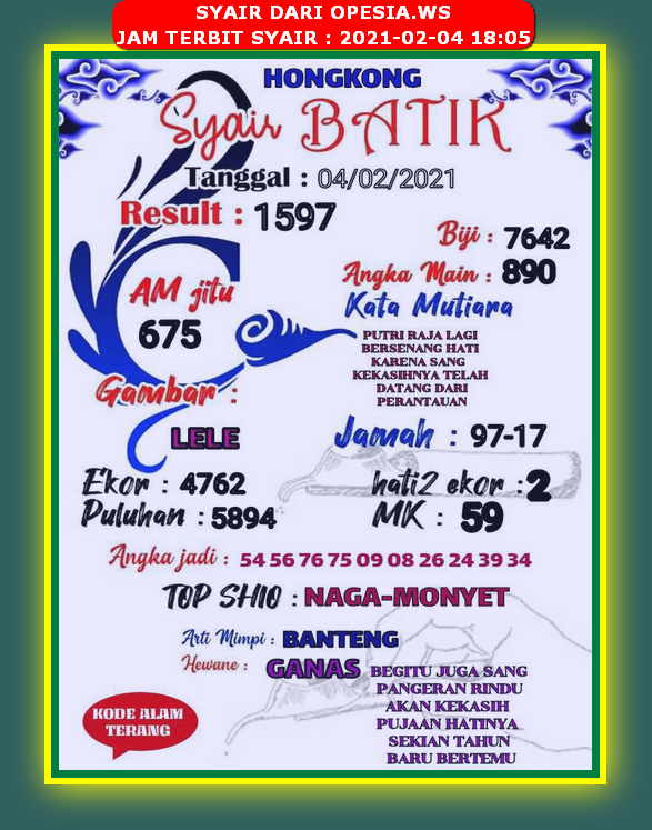Syair Hongkong Kamis 4 Februari 2021 Royal Syair