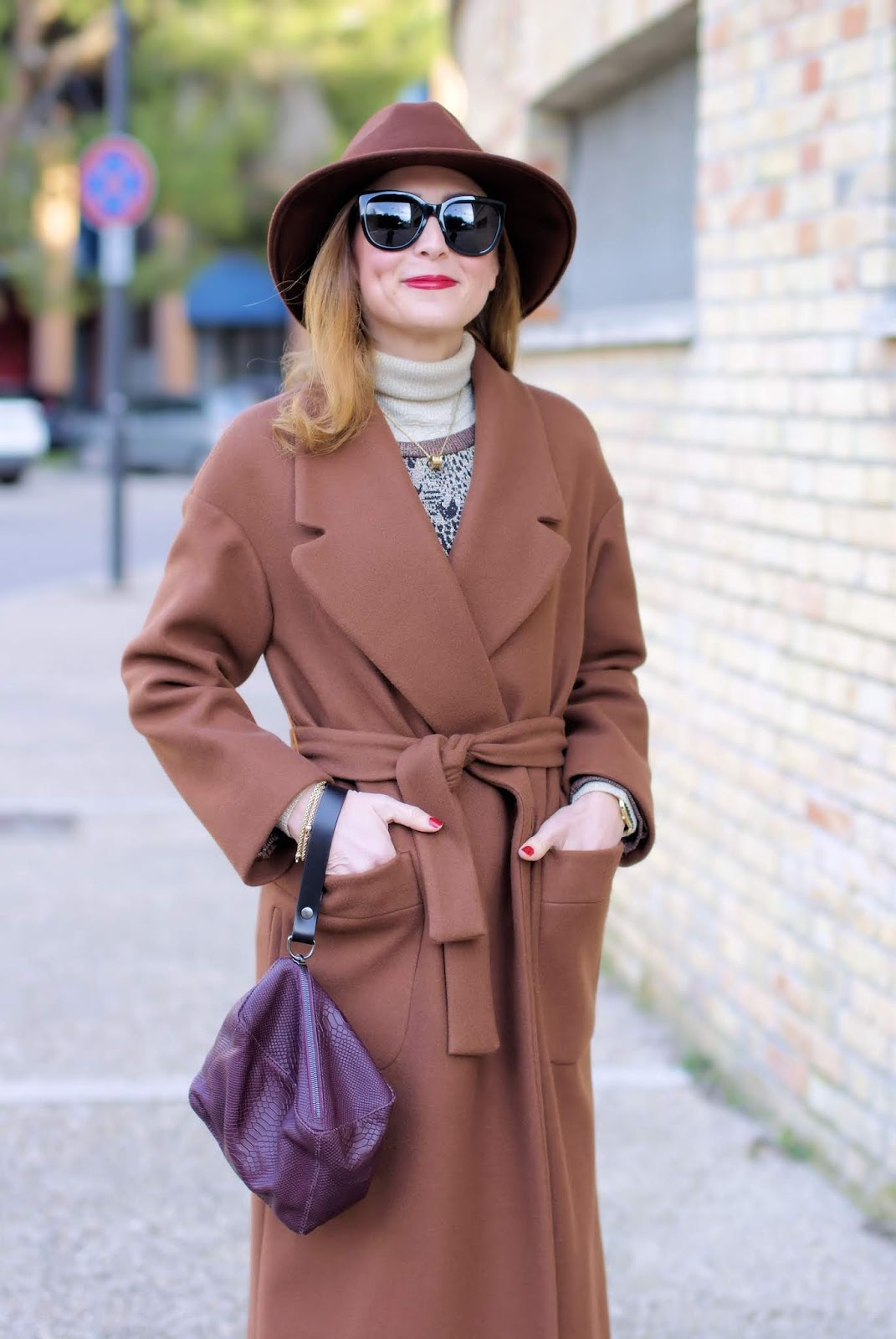 Maxi brown belted coat: a transitional outfit on Fashion and Cookies fashion blog, fashion blogger style