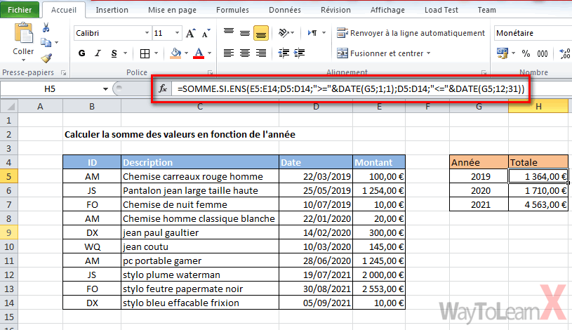 Calculer la somme des valeurs en fonction de lannée