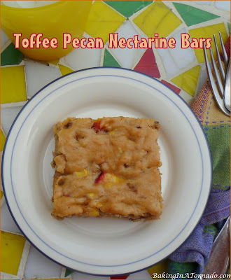 Toffee Pecan Nectarine Bars, lower in fat and sugar than most dessert bars while still satisfying that sweet tooth. A perfect summer treat. | Recipe developed by www.BakingInATornado.com | #recipe #bake