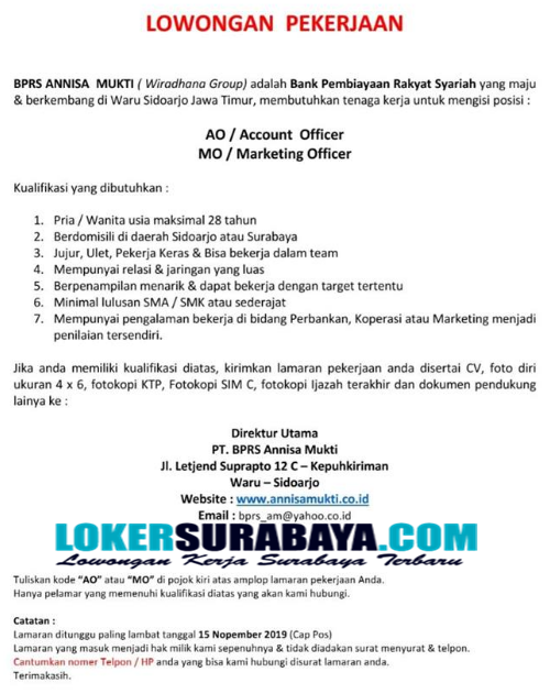 Lowongan Pekerjaan Surabaya Terbaru di BPRS Annisa Mukti (Wiradhana