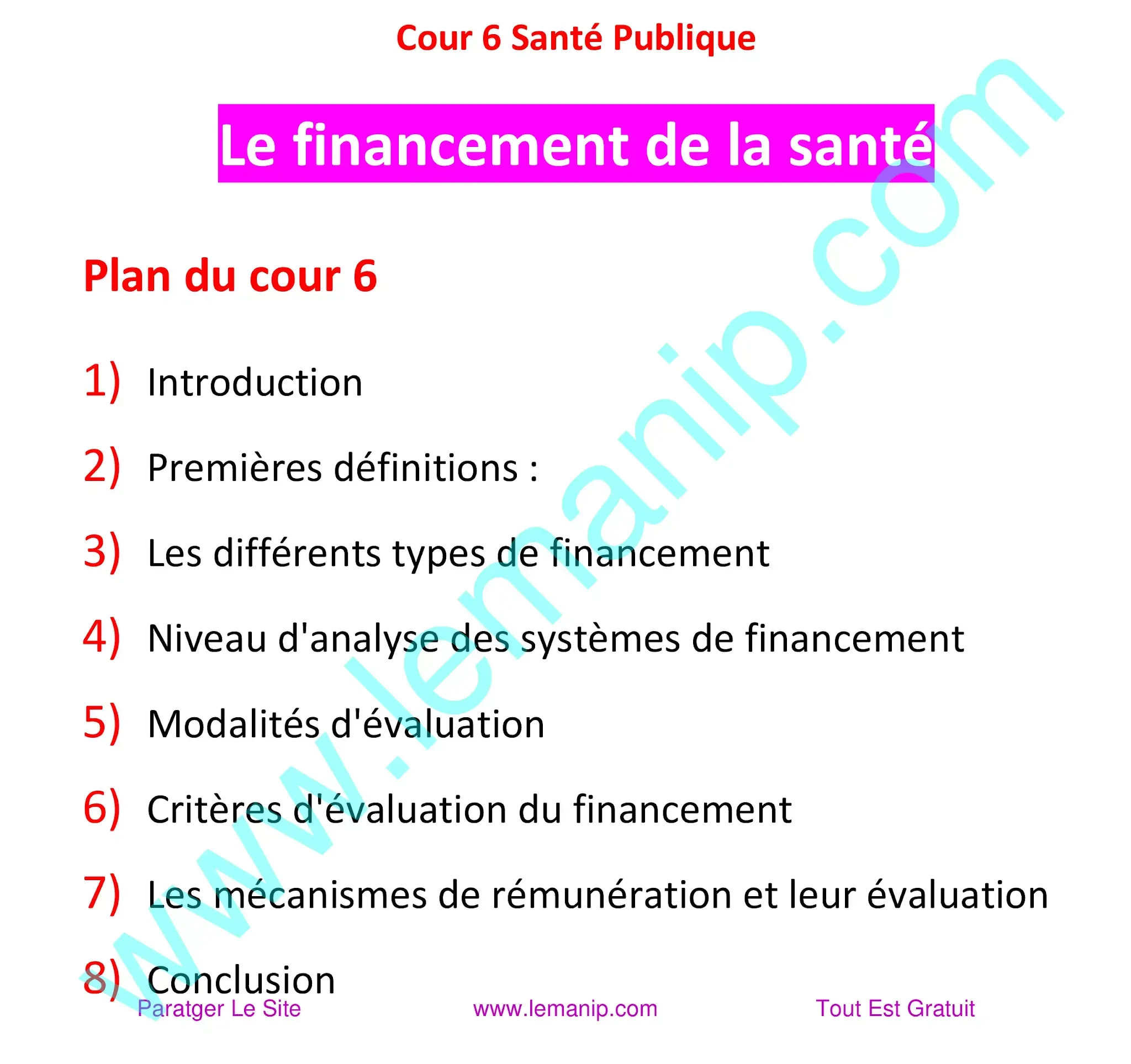 Plan du cour 6 du module Santé Publique