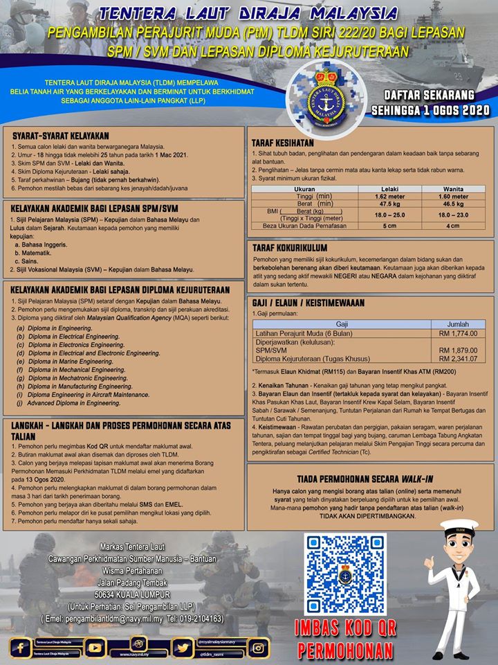 Pengambilan Terbuka Tldm 2020 Gaji Rm1774 00 Rm2341 07 Minima Spm Svm Diploma