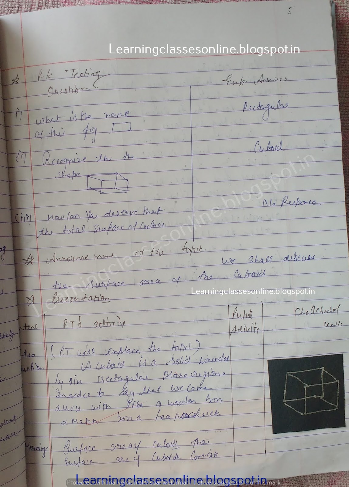 maths lesson plan on surface area of cuboid for teachers B.Ed math lesson plans PDF, maths lesson plans free download