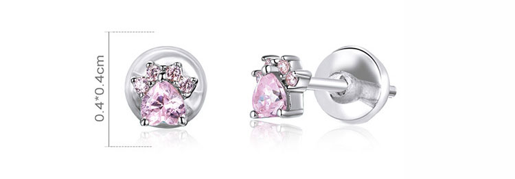 單鑽式貓掌粉色鋯石 925純銀耳環