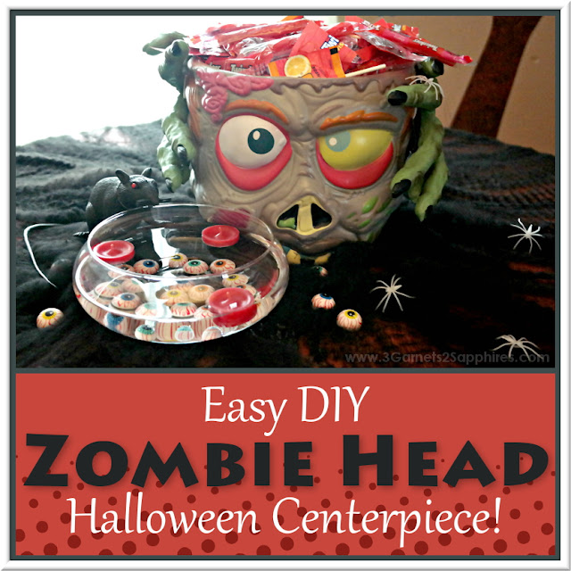 Easy DIY Zombie Head Halloween Centerpiece  |  www.3Garnets2Sapphires.com