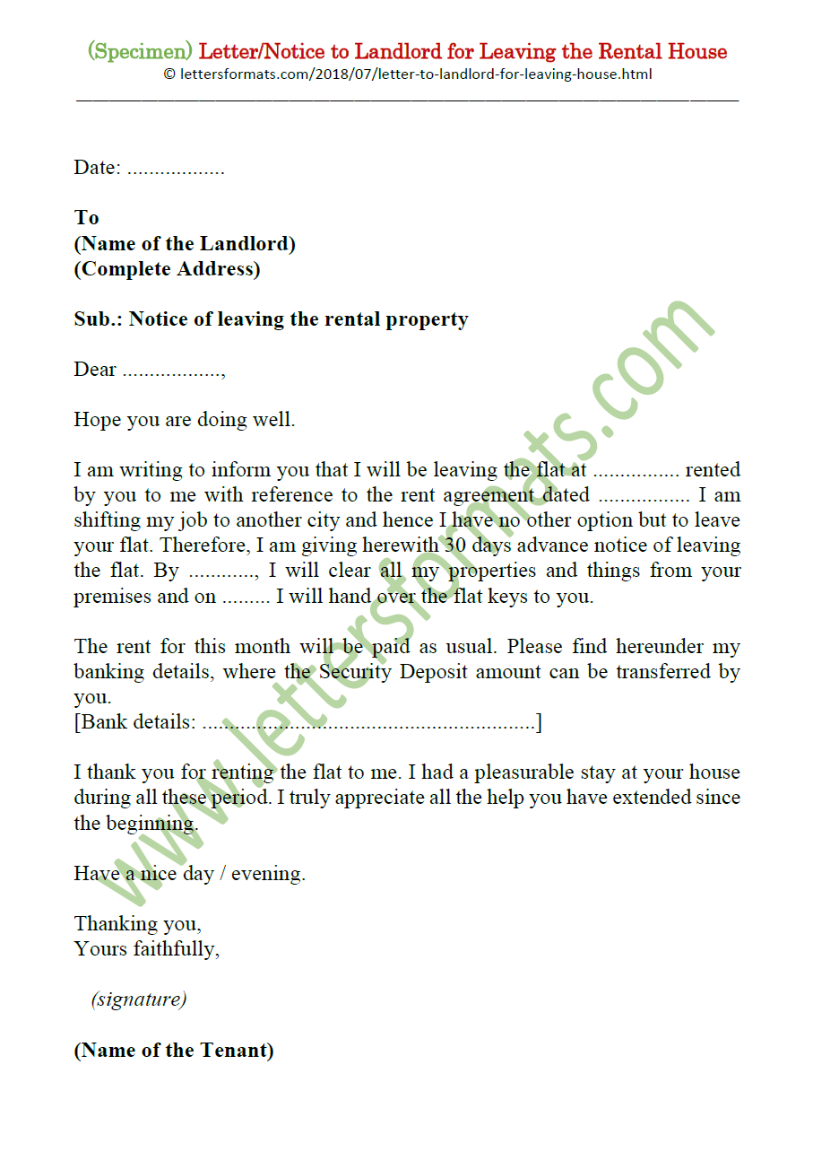 Letter to Landlord for Leaving the Rental House (Eviction Notice)