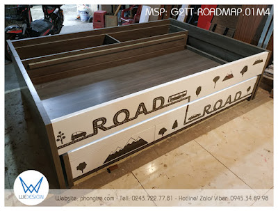 Giường hộp 2 tầng thấp 1m4 và 1m đa năng vân gỗ tự nhiên phối trắng trang trí lộ trình ô tô G2TT-ROADMAP.01M4