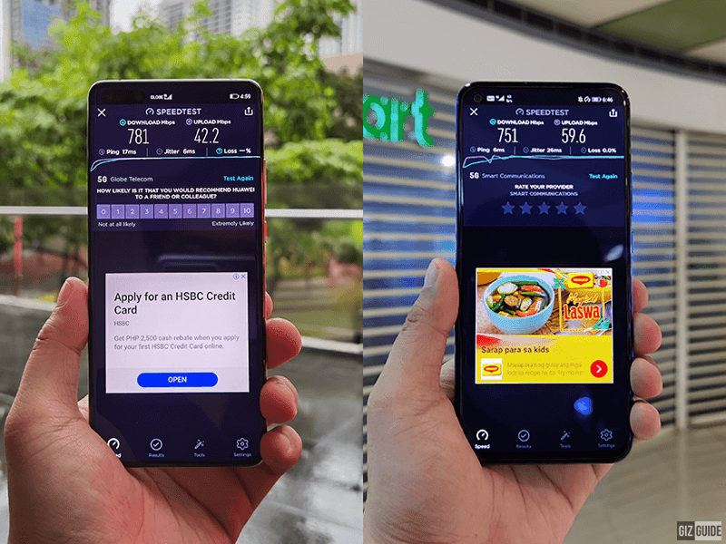 Globe 5G BGC speedtest (left), Smart 5G Megamall speedtest (right) Globe 5G BGC speedtest (left), Smart 5G Megamall speedtest (right)