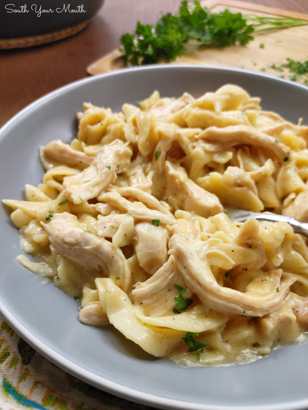 Chicken & Noodles (Stove-Top or Crock Pot) - This one-pot recipe for creamy chicken with egg noodles made with just 5 ingredients (plus salt & spices) is the best for comfort food made easy!