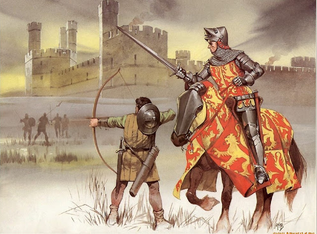 Рыцарь и лучник начала XV в.  Именно с таким противником столкнулись при Харлоу горцы. Худ. Ангус Мак-Брайд
