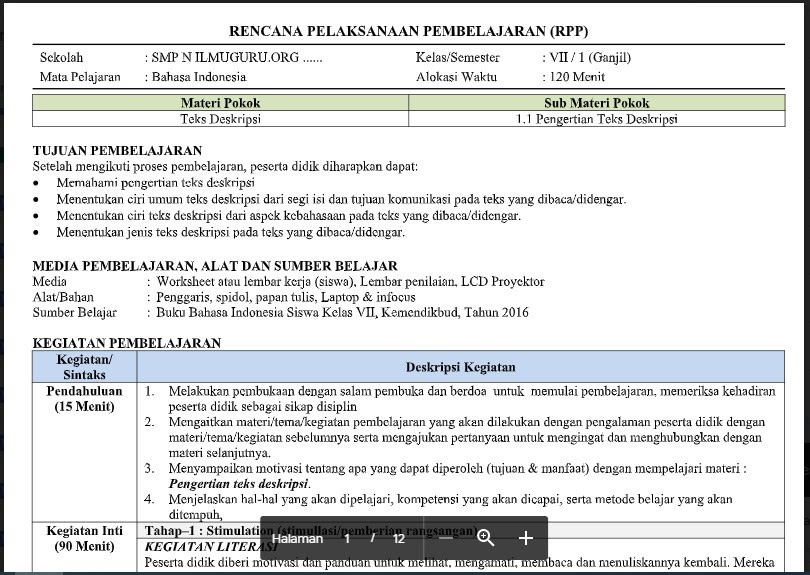 RPP Bahasa Indonesia Kelas 7 Semester 1 Kurikulum 2013 revisi 2021