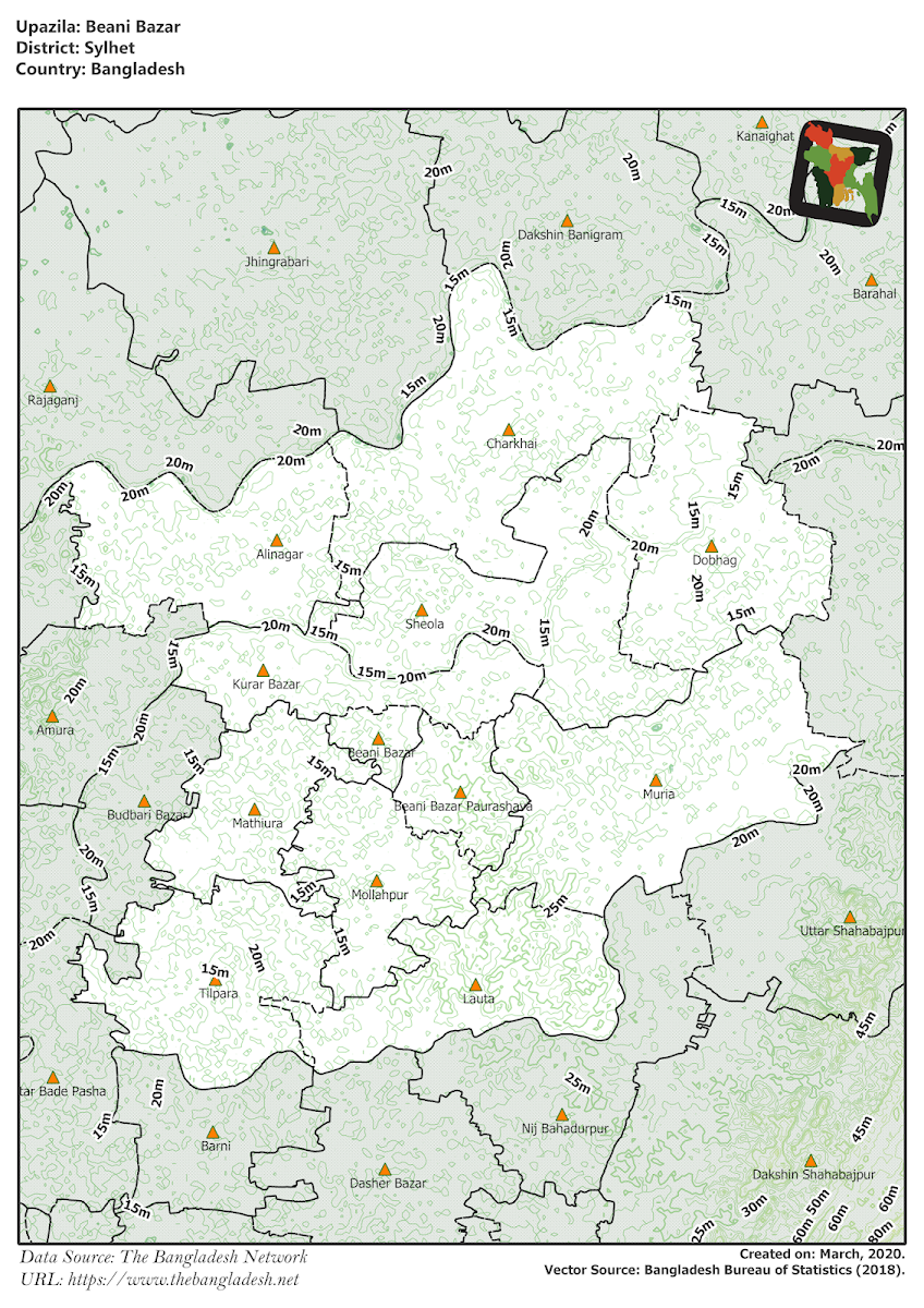 Beanibazar Upazila Elevation Map Sylhet District Bangladesh