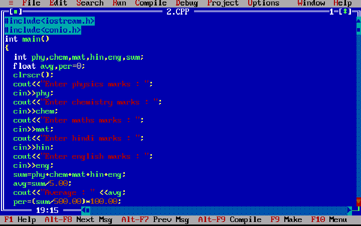 C++ program to calculate average and percentage of 5 subjects