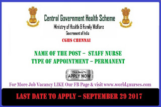 Staff Nurse Vacancy CGHS Chennai September 2017 Central govt job