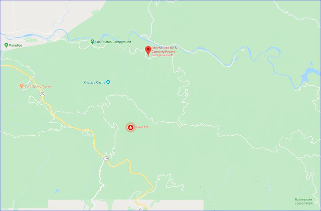 Cave fire location map including Thousand Trails Rancho Oso Resort
