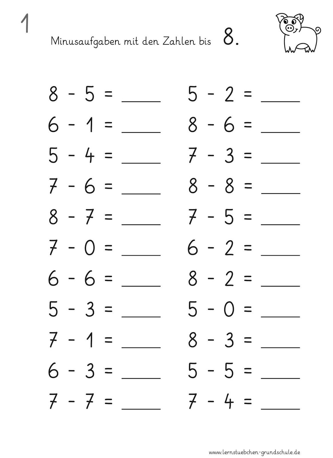 Lernstübchen: Minusaufgaben mit den Ergebnissen 5 6 7 und 8