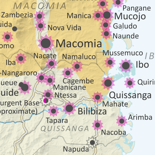 Mozambique: Cabo Delgado insurgency map - October 2017 to August 2020: Detailed, close-up control map showing areas occupied by so-called ISIS-linked rebels in northern Mozambique (also known as Ahlu Sunnah Wa Jama, ASWJ, or Ansar al-Sunnah), plus towns and villages raided by the insurgents over the past three years. Shows roads, rivers, and terrain, and includes key locations of the insurgency such as Mocímboa da Praia, Awasse, Macomia, the Total LNG site and natural gas fields, Miangalewa, Litingina, Ntessa, Cagembe, Marere, Makulo, and many, many more. Colorblind accessible.