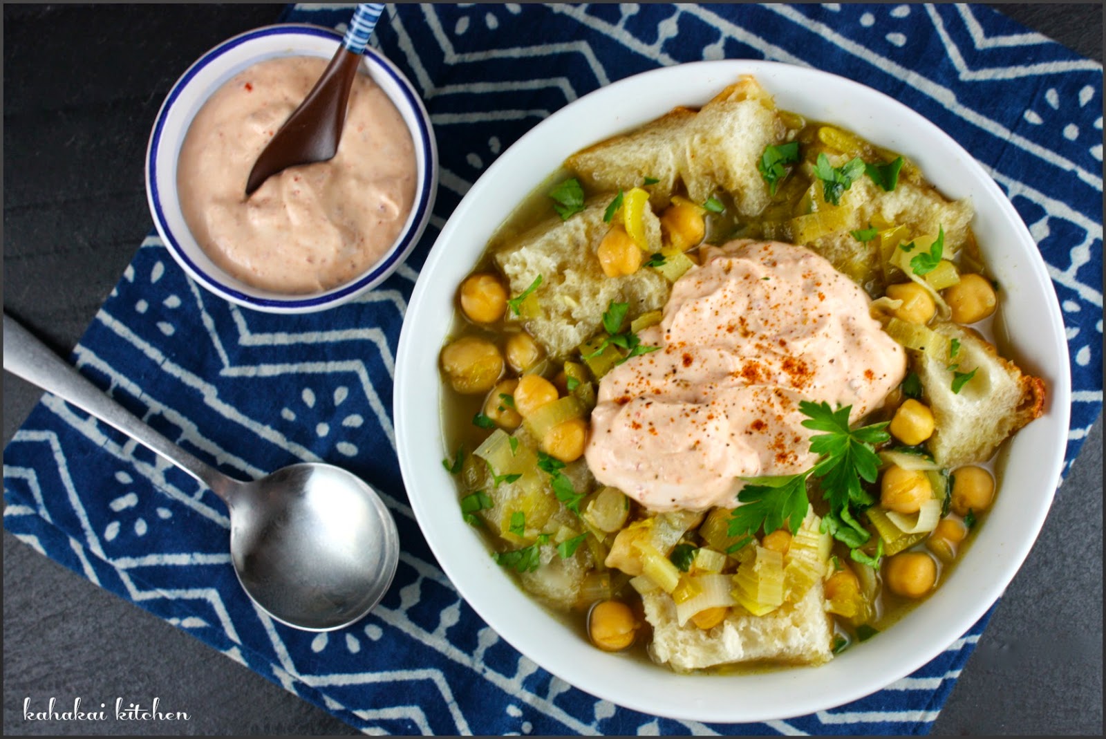 Kahakai Kitchen Chickpea, Leek, and Bread Soup with Harissa Yogurt for