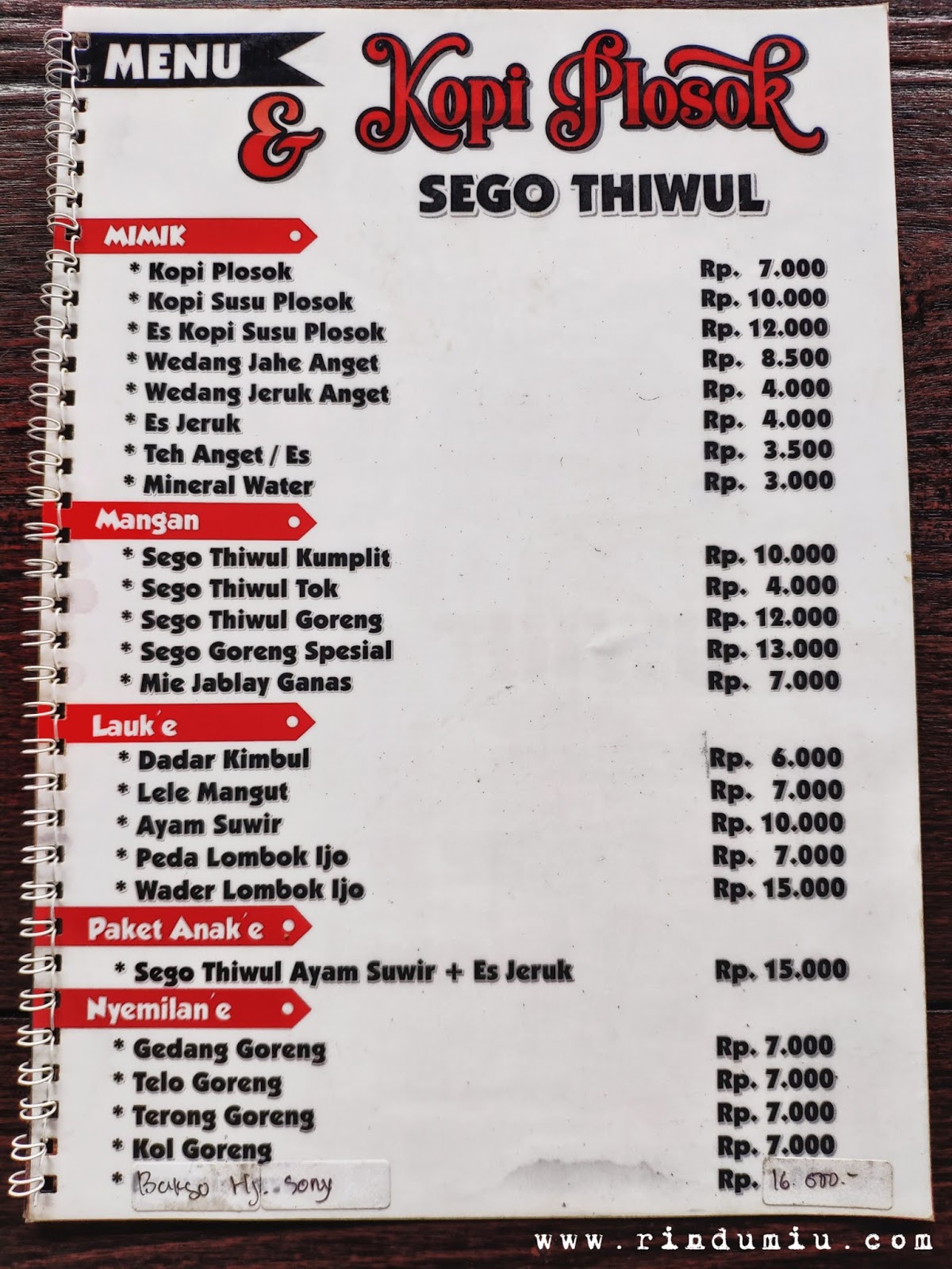 menu of kopi plosok sego thiwul cafe in sleman jogja
