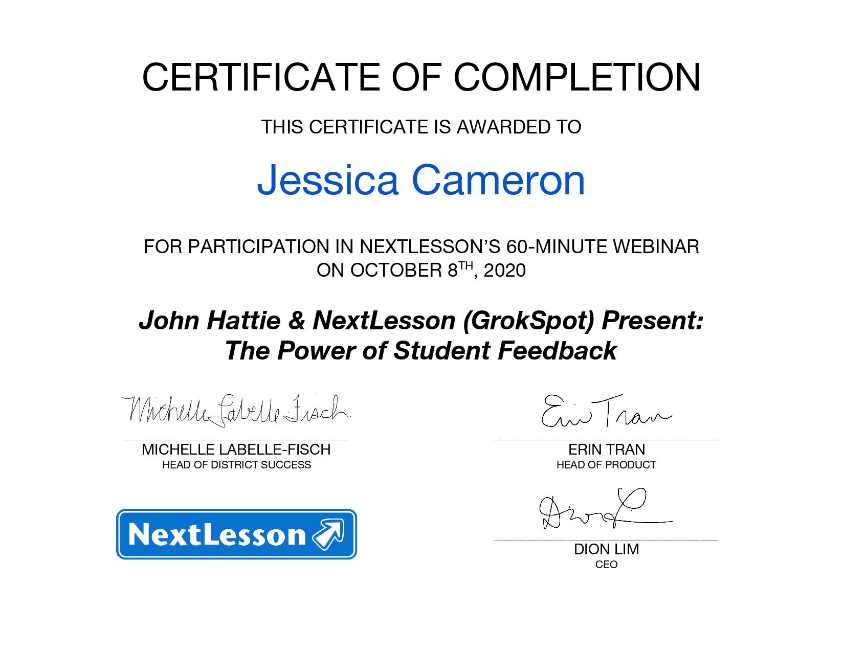 Jessica Cameron Professional Development Certificates