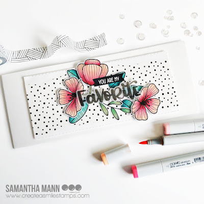 You are My Favorite Card by Samantha Mann for Create a Smile Stamps, Slimline Cards, Card Making, Altenew Washi, Heat embossing, Fussy Cut, flowers #createasmile #createasmilestamps #flowers #slimlinecard #slimline