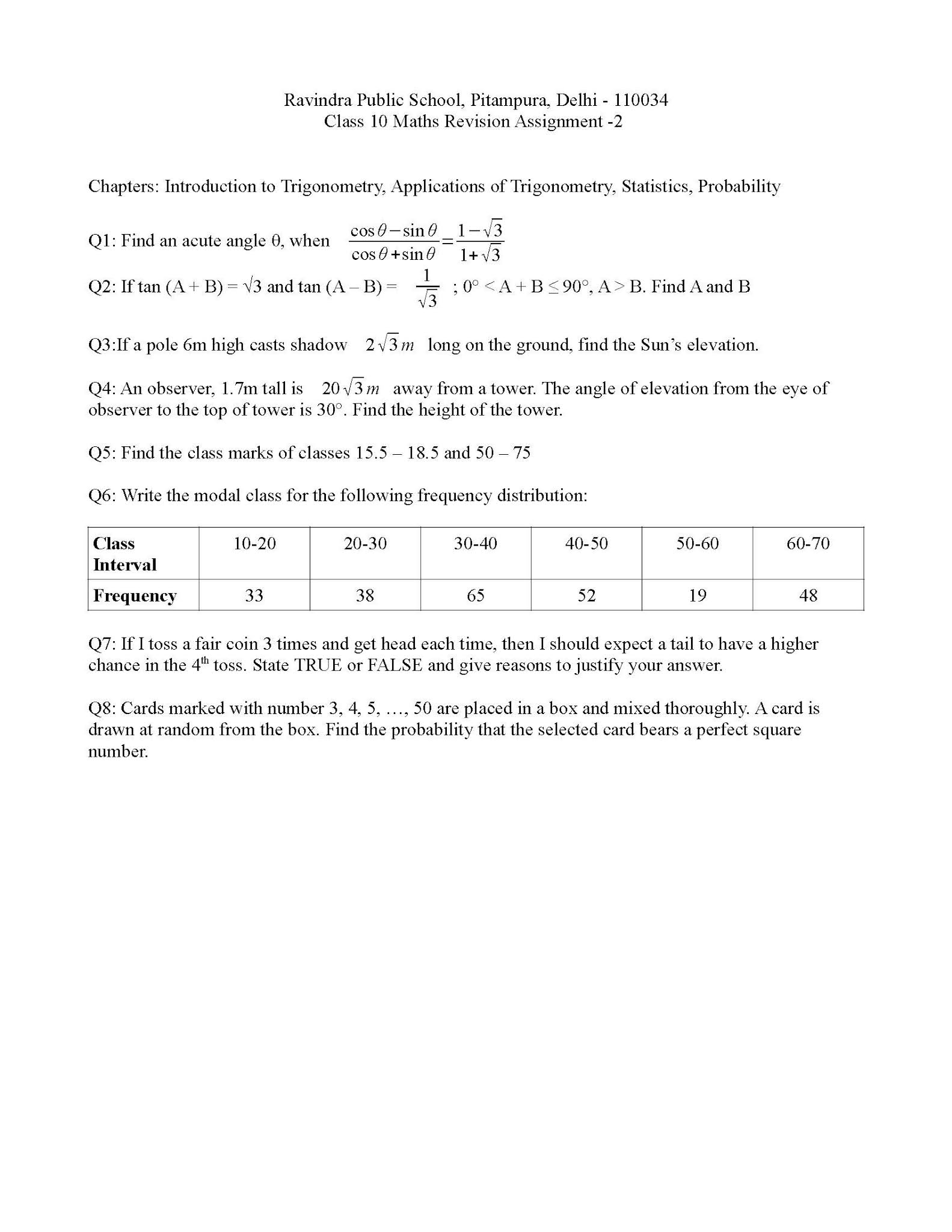 CBSE Papers, Questions, Answers, MCQ CBSE Class 10 Maths Revision Assignment 2 (