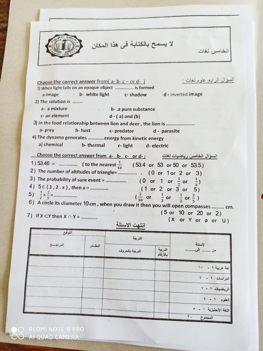 نماذج الامتحان المجمع الفعلى 5 ابتدائي نصف العام 2021 2