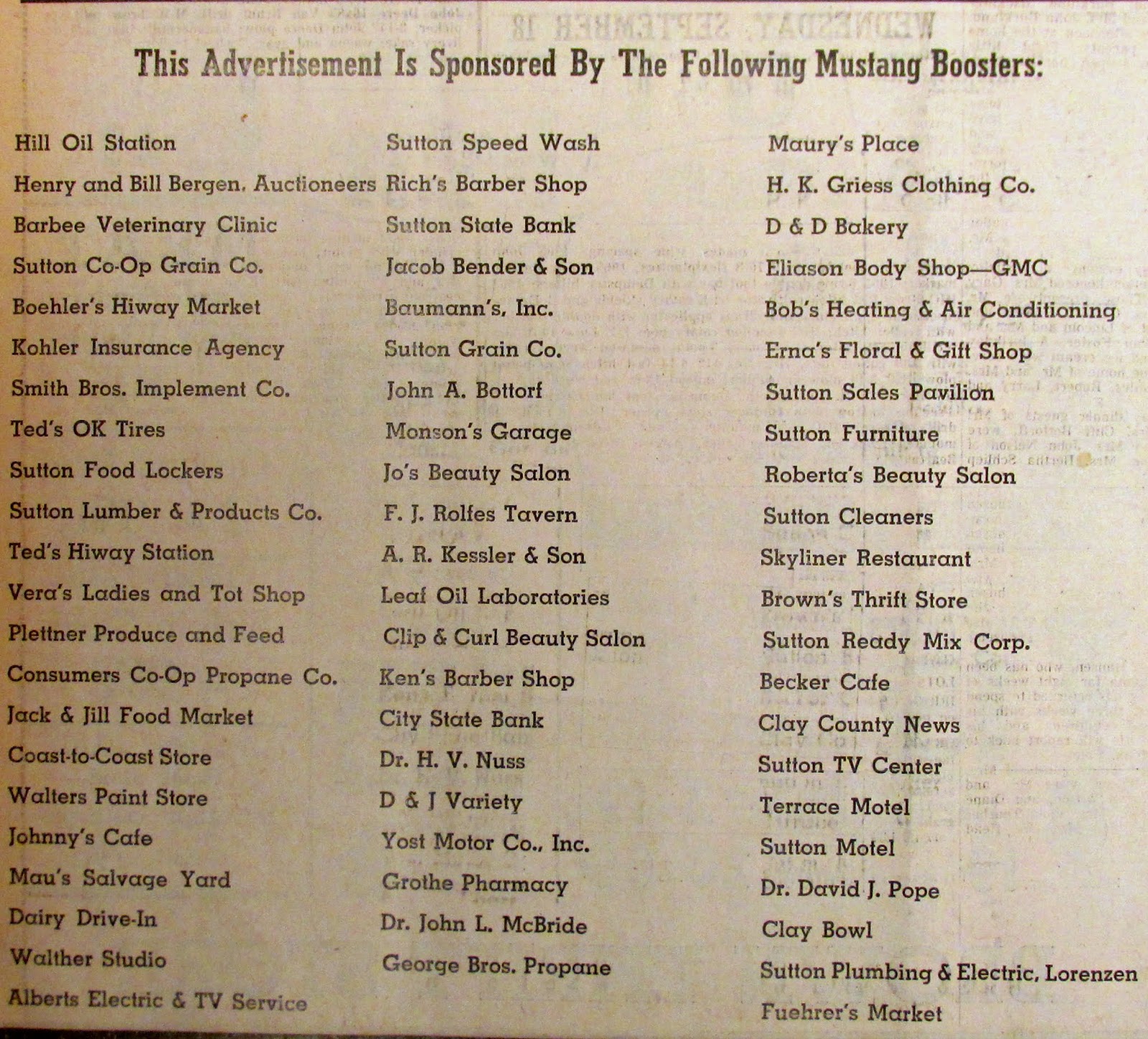 Sutton Nebraska Museum 1968 Sutton Football Team Roster