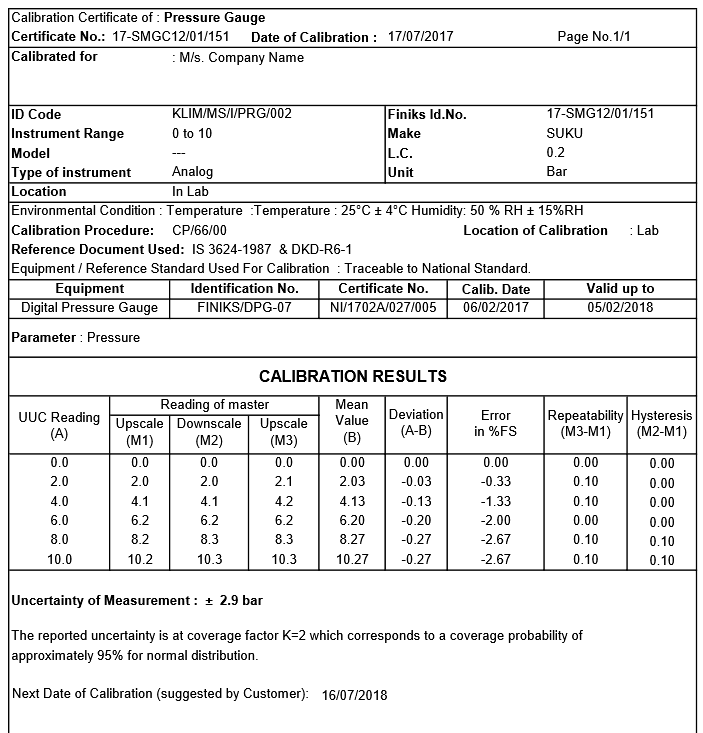 Pressure Gauge Calibration Procedure